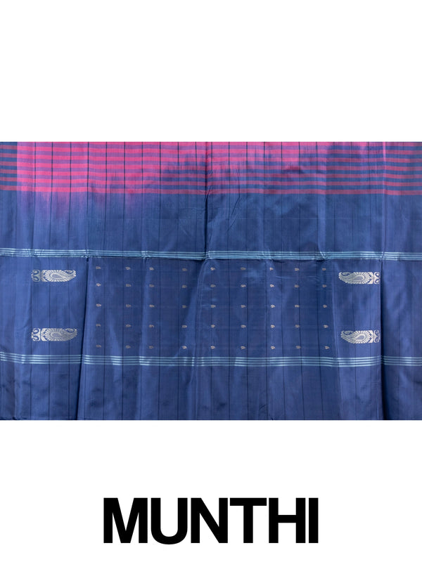 Pink and navy blue Banana Silk saree with blue checks and silver zari paisley pallu