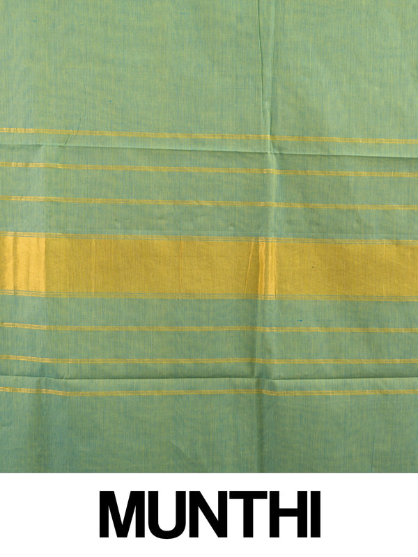 Green Chettinad cotton saree with contrast teal blue gold zari border and zari pallu
