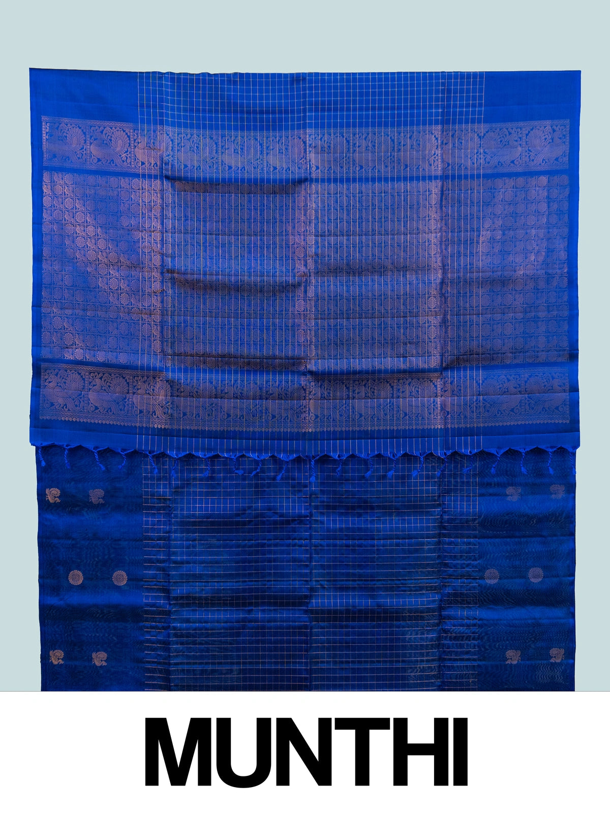 Royal blue pure soft silk saree with gold zari checks, peacock buttas and zari border