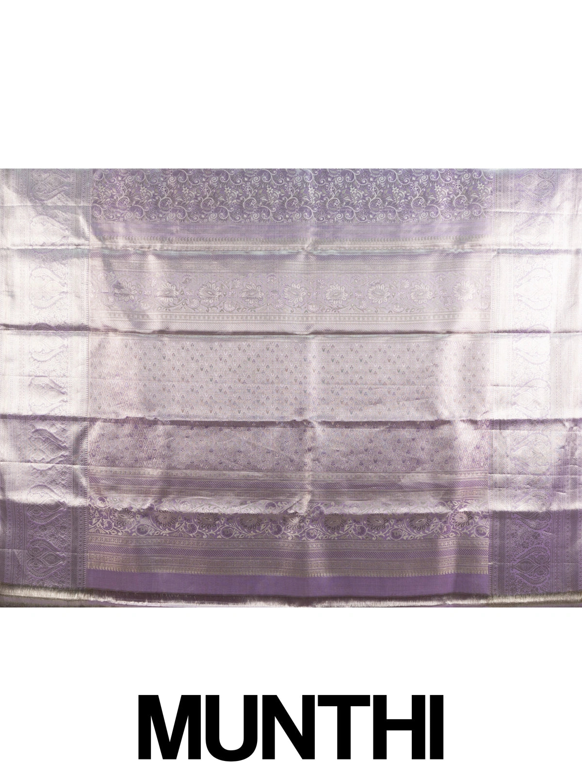 Lavender pure Kanchipuram silk saree with allover silver zari brocade and broad zari border
