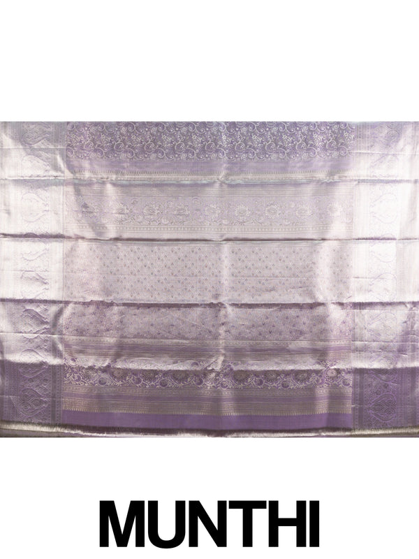 Lavender pure Kanchipuram silk saree with allover silver zari brocade and broad zari border