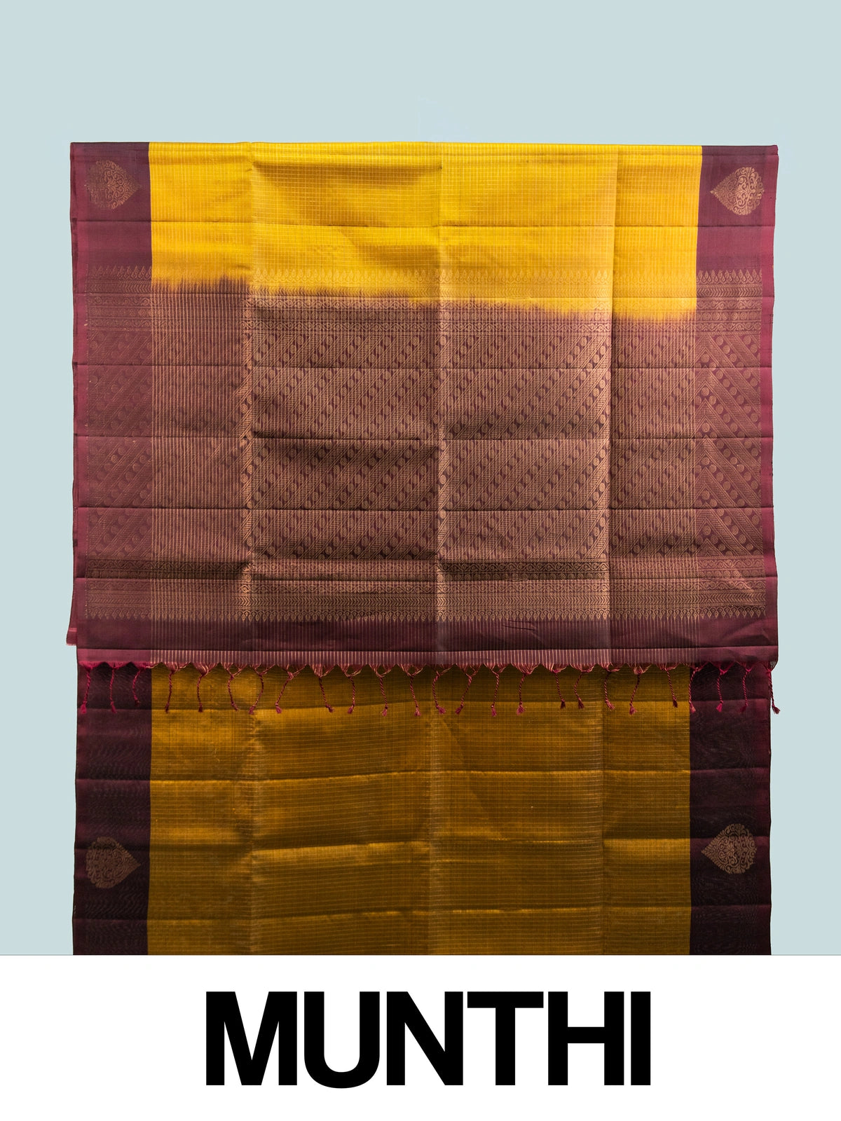 Mustard yellow pure soft silk saree with maroon contrast border and gold zari checks