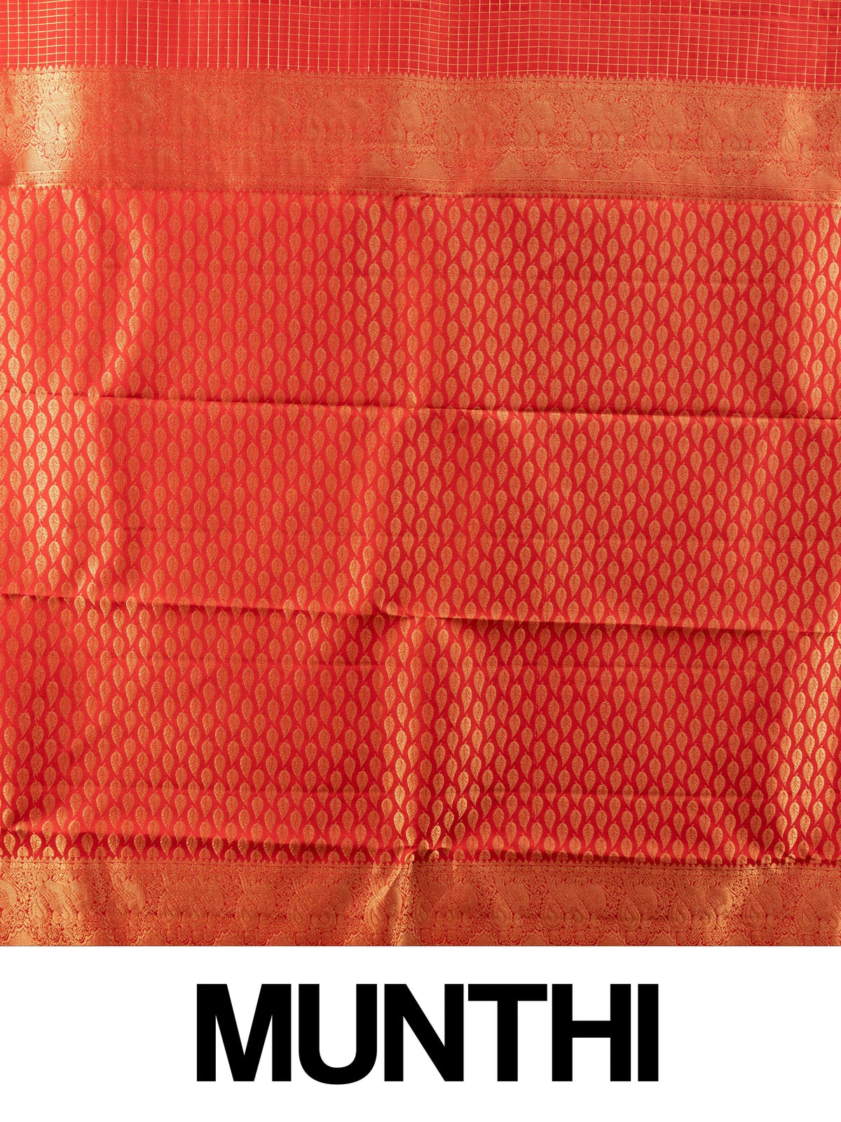 Red pure Kanchipuram silk saree with gold zari checks and contrast gold zari border
