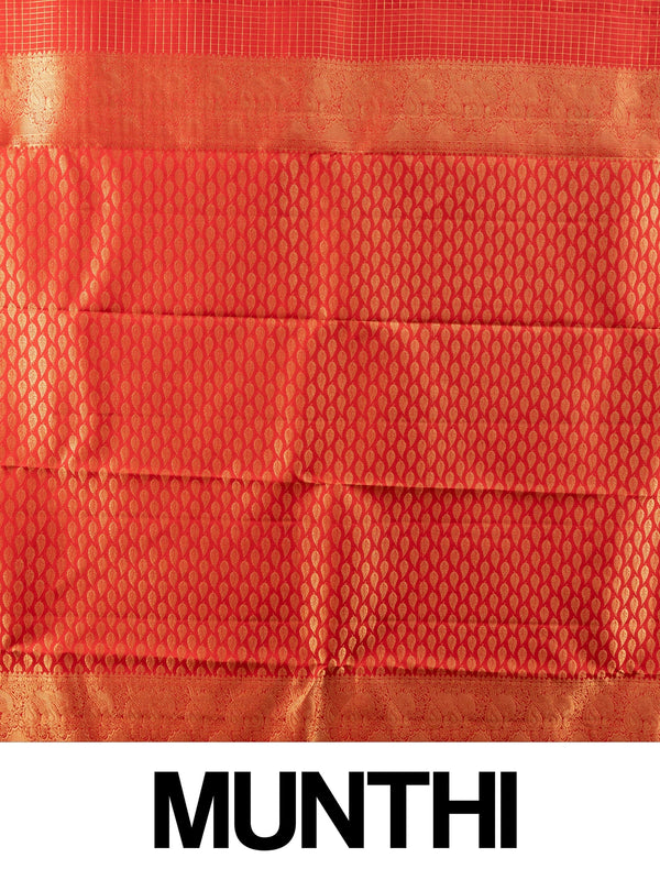 Red pure Kanchipuram silk saree with gold zari checks and contrast gold zari border