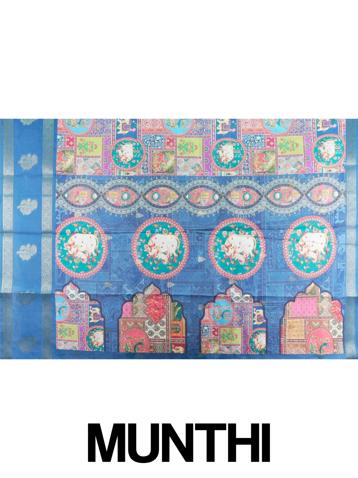 Multicolour Dola silk saree with Pichwai patchwork print and contrast blue zari border