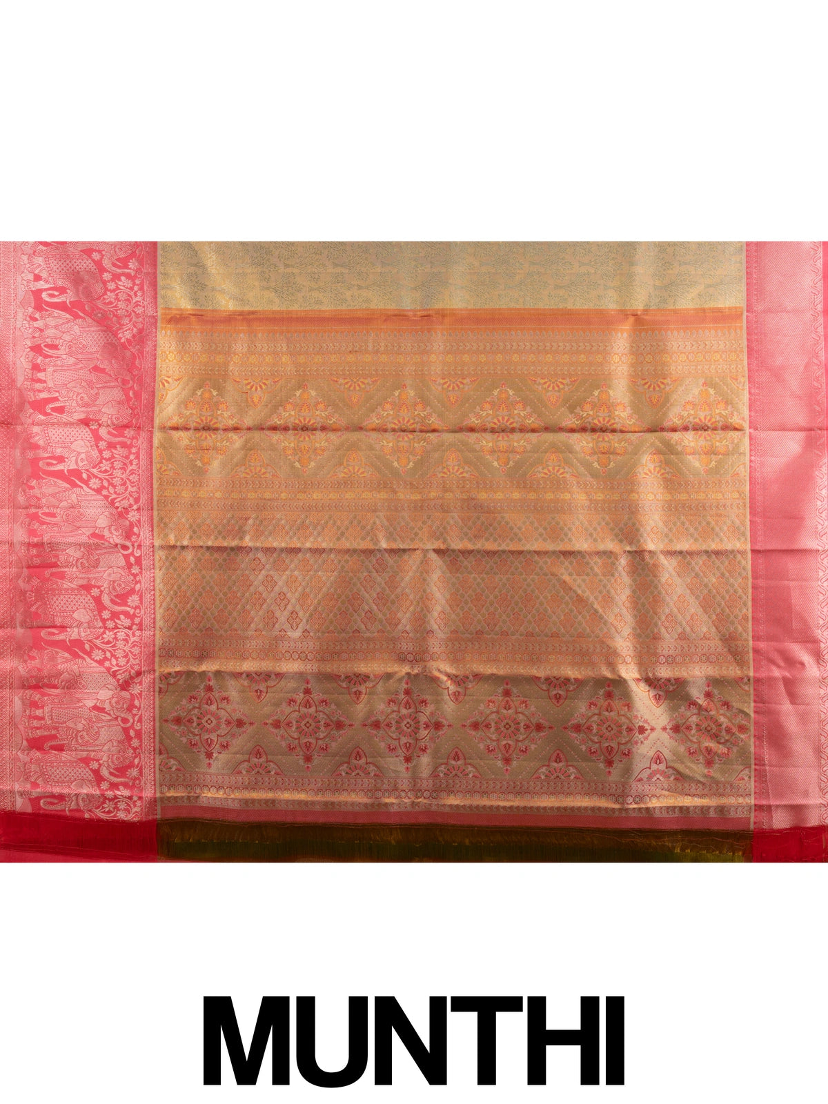 Gold pure Kanchipuram silk saree with tree-motif zari body and contrast pink elephant border