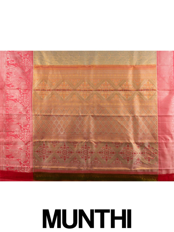 Gold pure Kanchipuram silk saree with tree-motif zari body and contrast pink elephant border