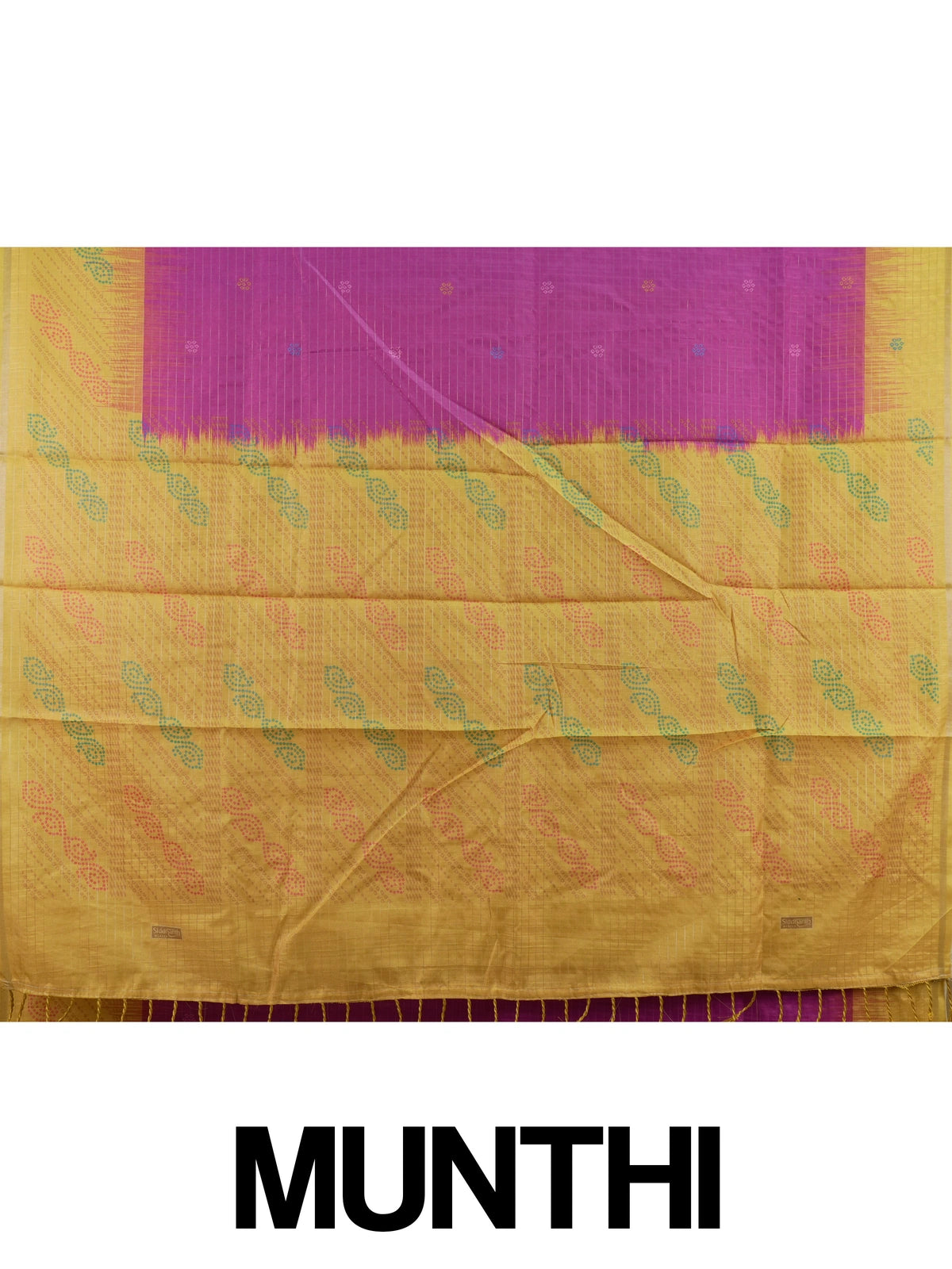 Magenta Dola silk saree with yellow contrast border and bandhani-motif pallu