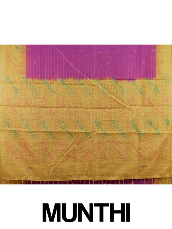 Magenta Dola silk saree with yellow contrast border and bandhani-motif pallu