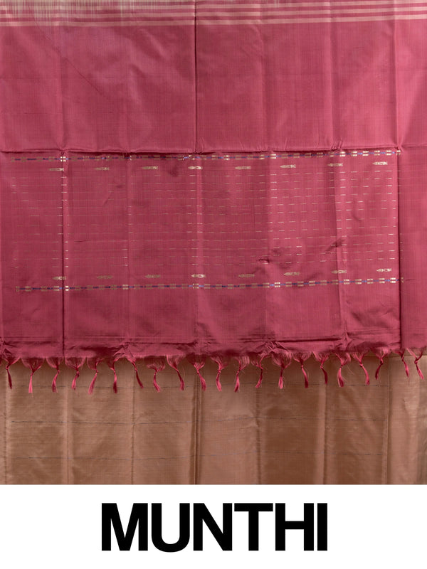 Beige banana silk saree with contrast maroon zari pallu and border