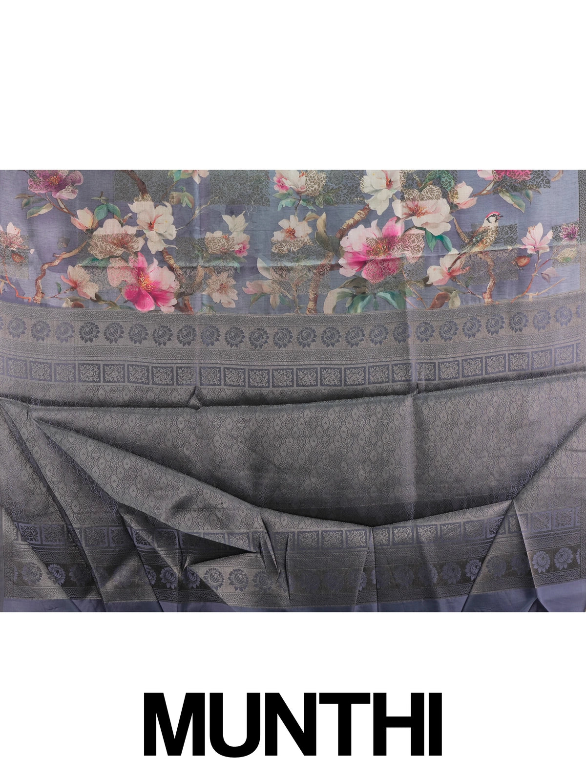 Grey semi tussar saree with floral and bird digital print and silver zari border
