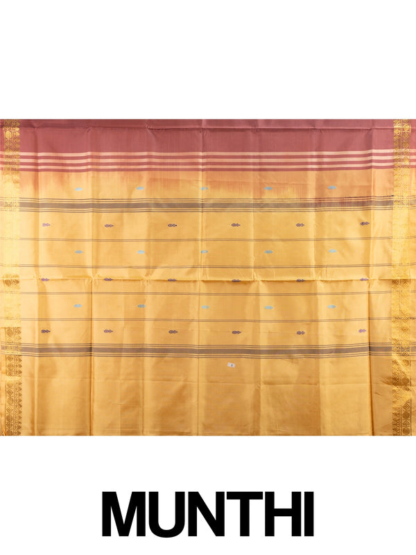 Maroon banana silk saree with mustard contrast pallu and gold zari border
