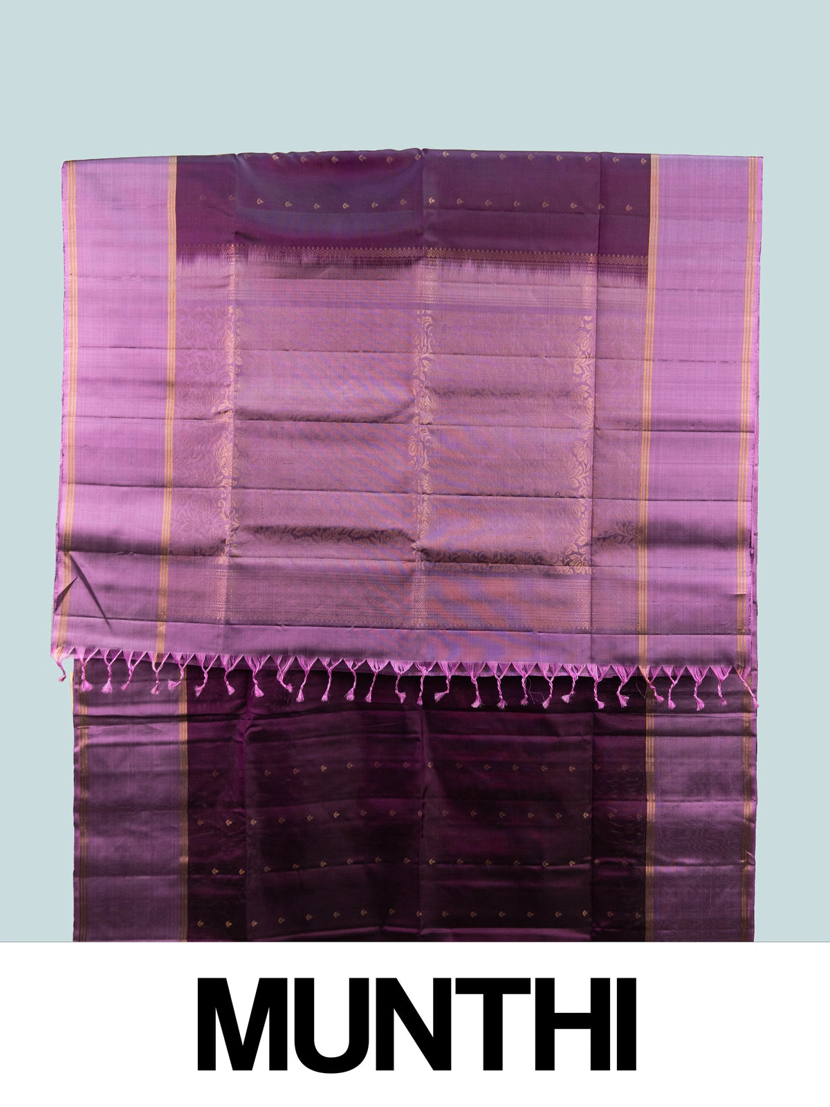 Purple pure soft silk saree with lavender contrast border, gold zari buttis and floral zari pallu