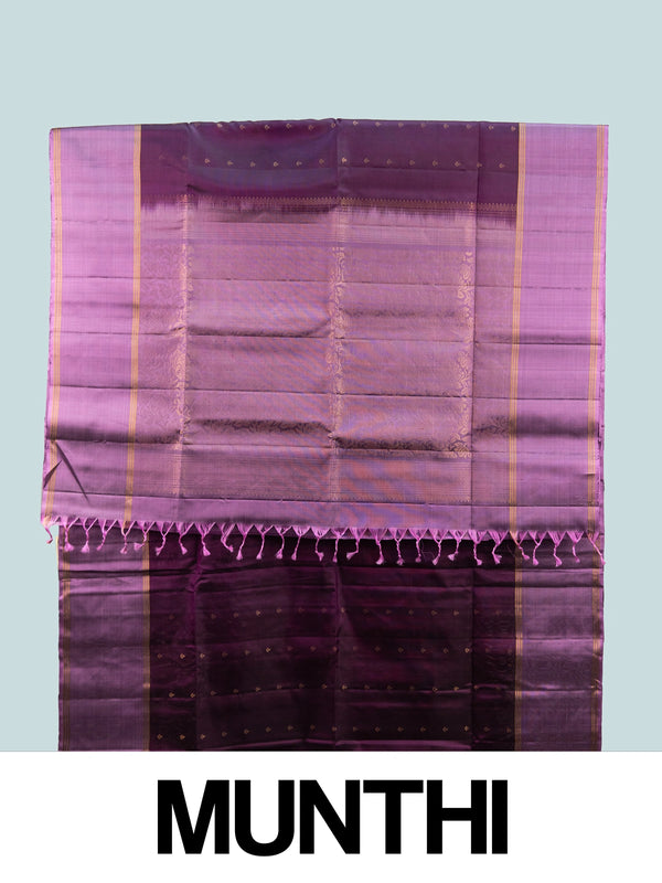 Purple pure soft silk saree with lavender contrast border, gold zari buttis and floral zari pallu