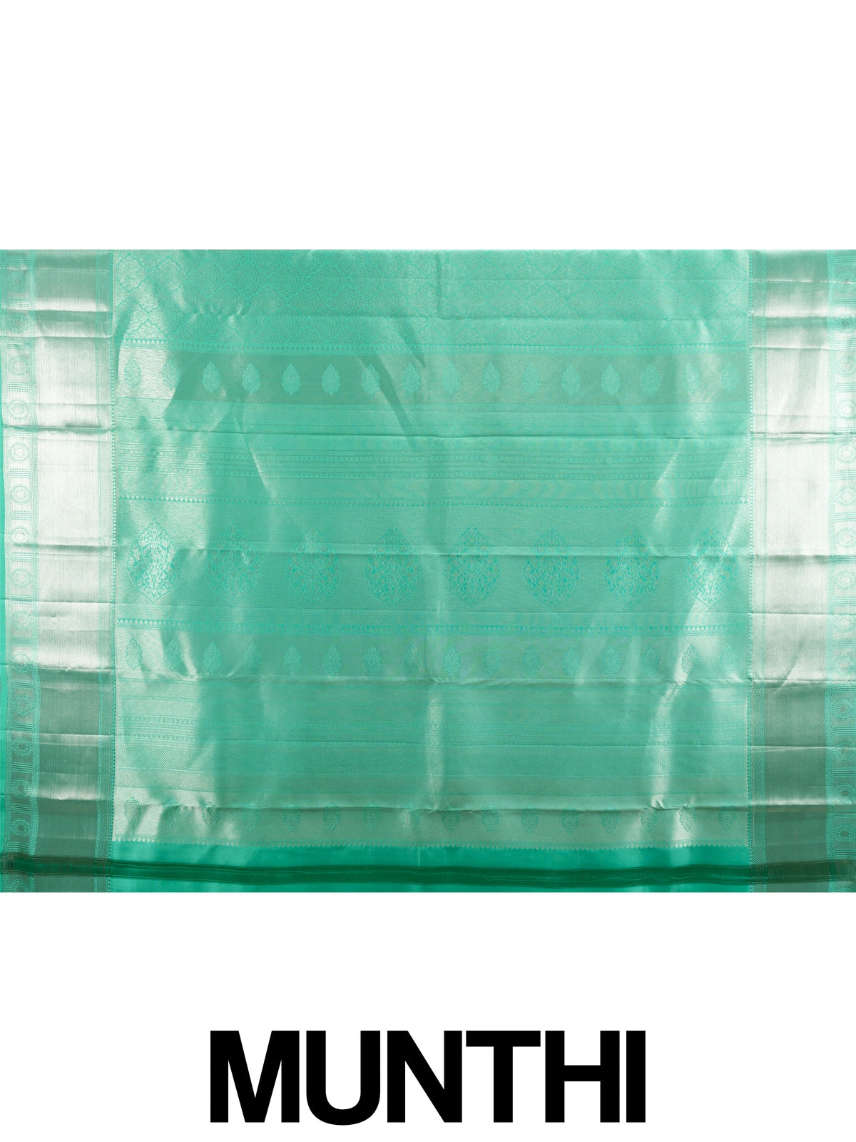 Sea green pure Kanchipuram silk saree with all-over silver zari brocade and contrast border