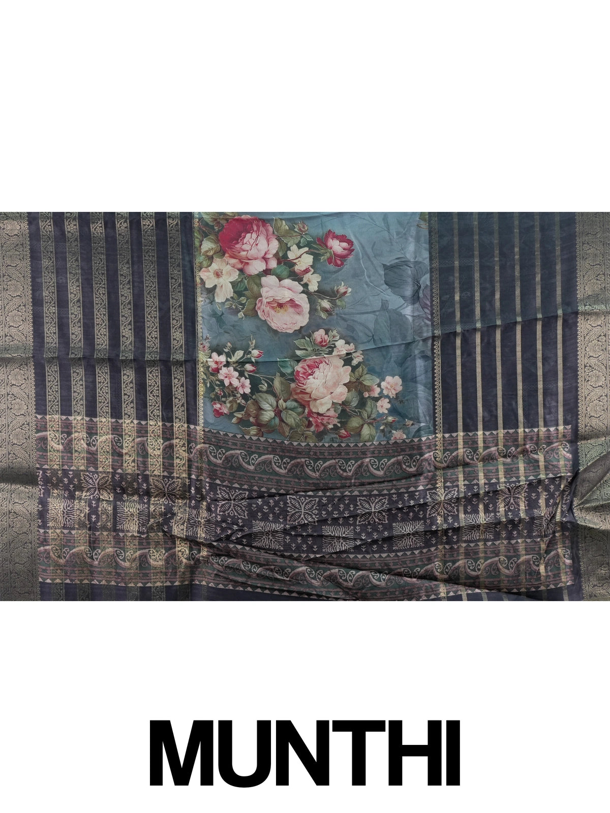 Charcoal grey semi tussar saree with gold zari stripes, floral prints, and a woven gold border