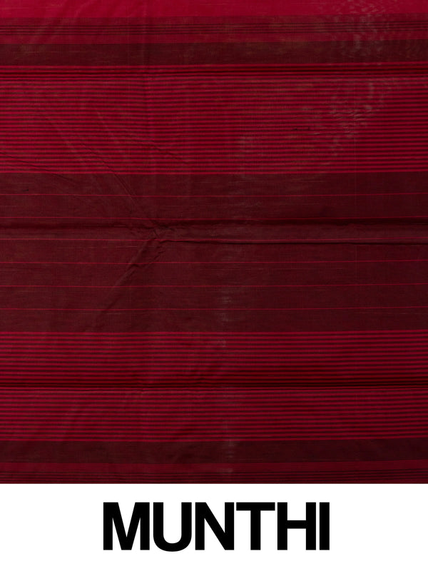 Red silk cotton saree with fine zari stripes and a striped maroon pallu