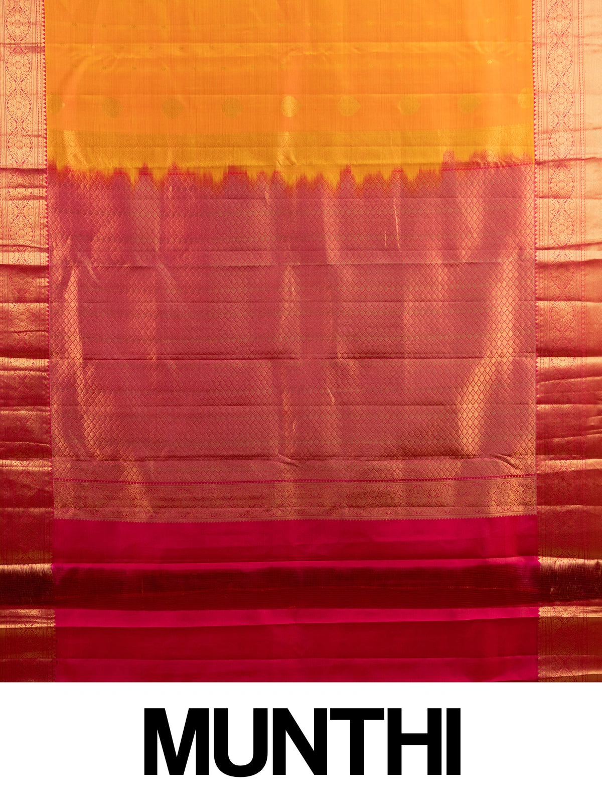 Orange and pink pure Kanchipuram silk saree with gold zari border and zari pallu
