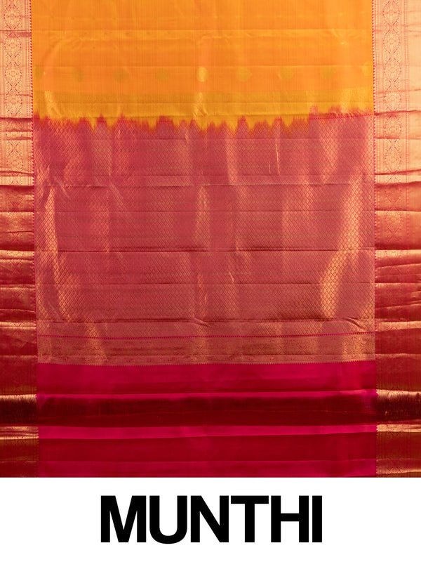 Orange and pink pure Kanchipuram silk saree with gold zari border and zari pallu