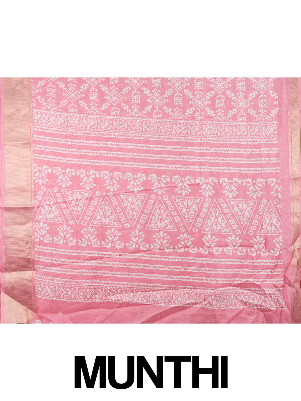 Pink and white batik-print designer cotton saree with gold zari border