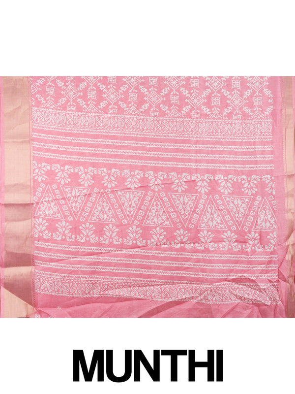 Pink and white batik-print designer cotton saree with gold zari border