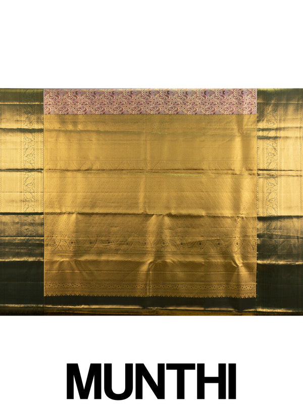 Mauve pink Pure Kanchipuram silk saree with multicoloured floral brocade body and contrast green gold zari border