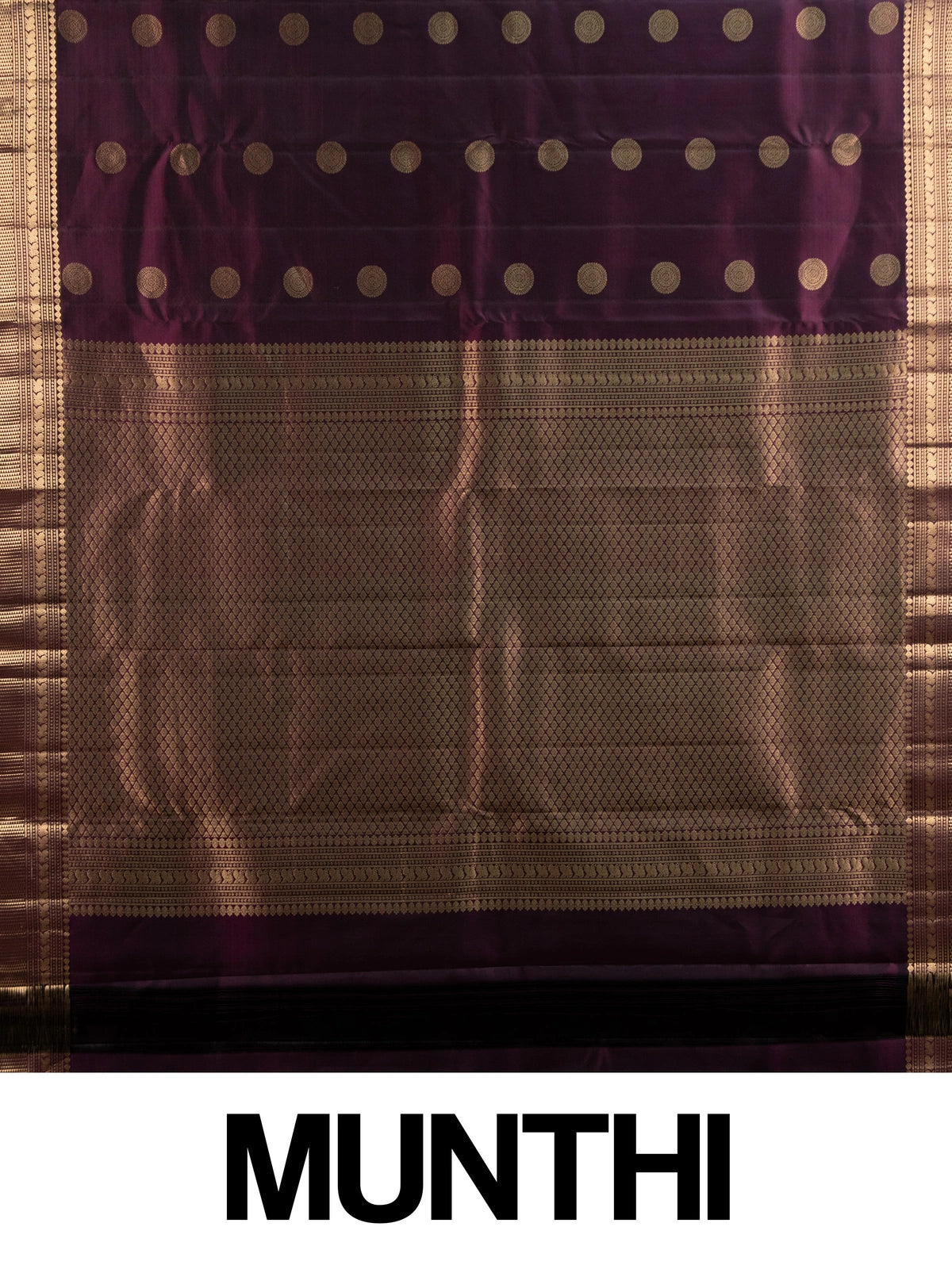 Deep purple pure Kanchipuram silk saree with gold zari circular buttas and contrast gold zari border