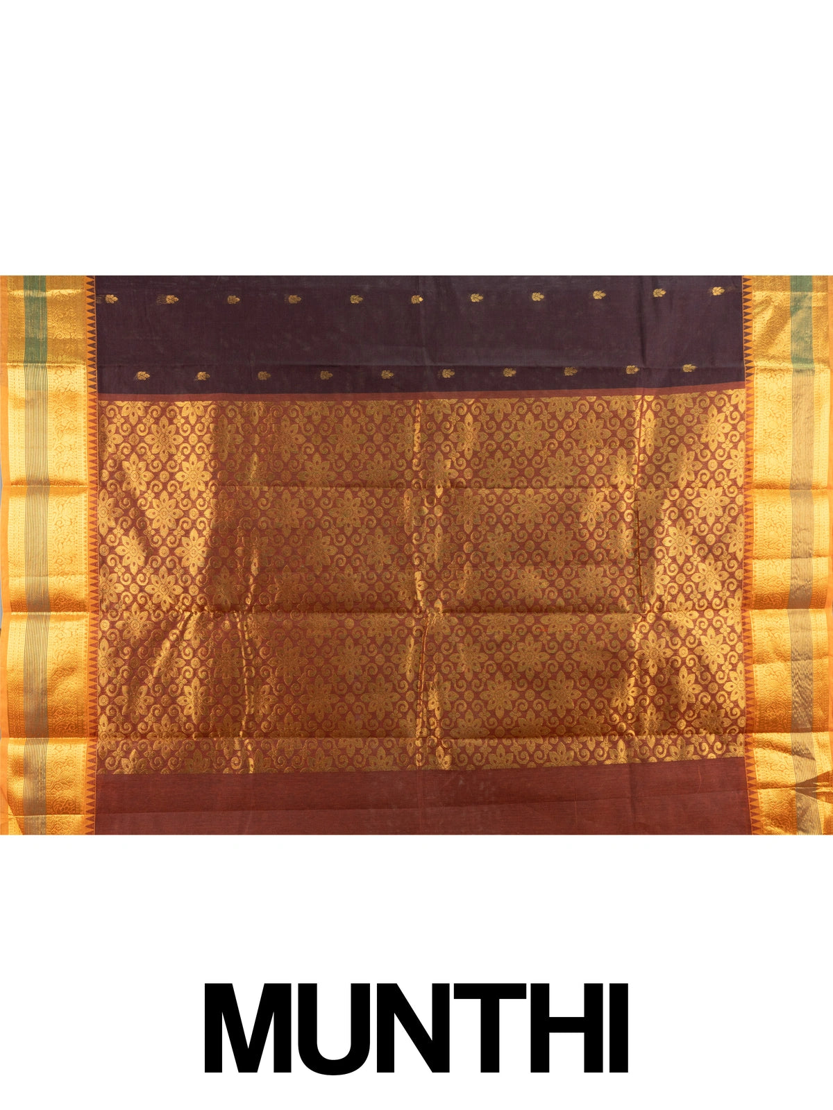 Maroon brown Chettinad cotton saree with mustard-gold zari border, green stripe accents and gold buti motifs
