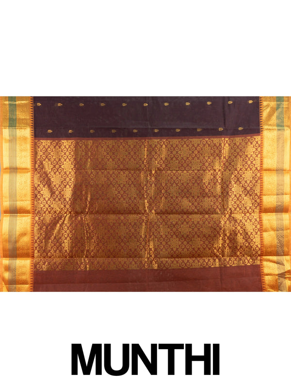 Maroon brown Chettinad cotton saree with mustard-gold zari border, green stripe accents and gold buti motifs