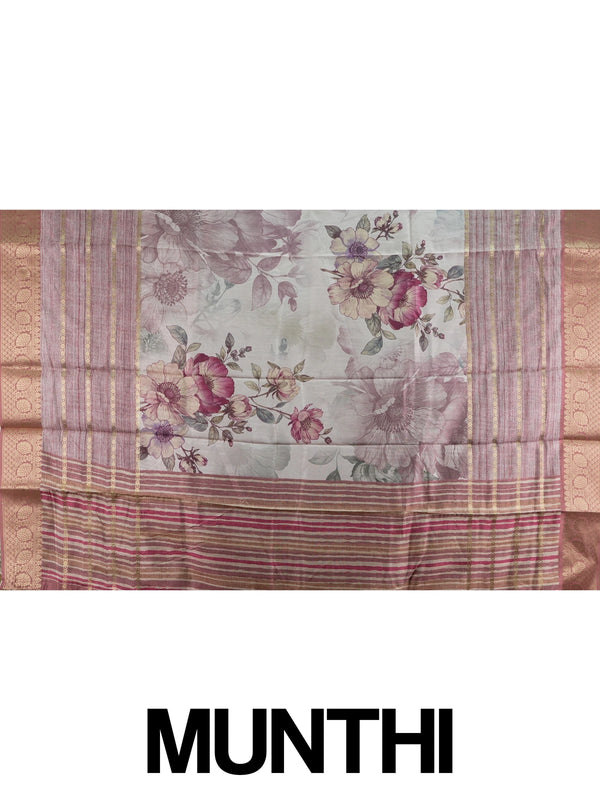 Cream and mauve floral semi tussar saree with gold zari contrast border and printed pallu