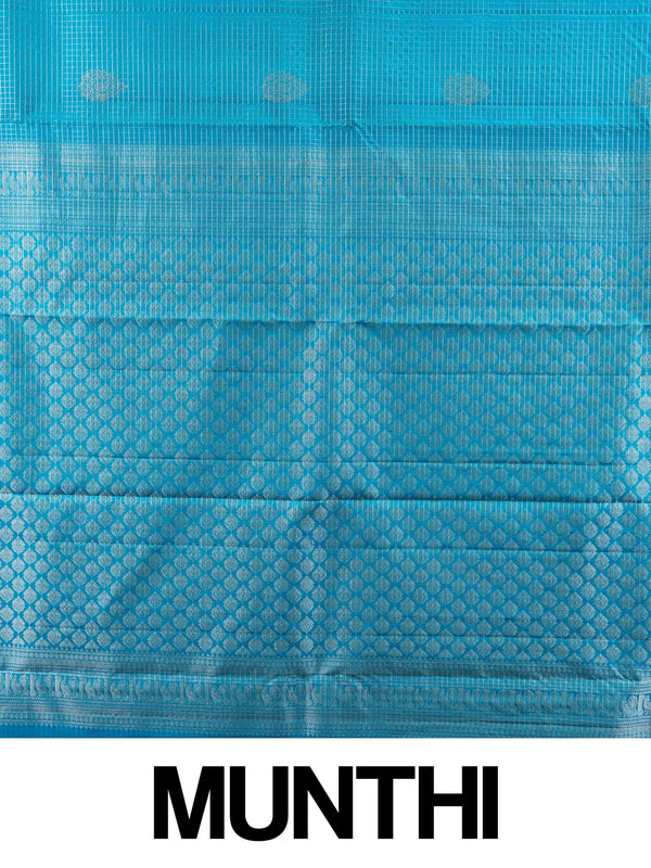 Peacock blue pure Kanchipuram silk saree with silver zari checks, paisley butis and elephant-motif border