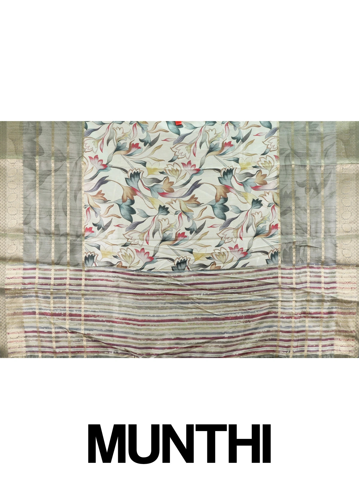 Cream semi tussar saree with multicolour floral print and grey gold zari border