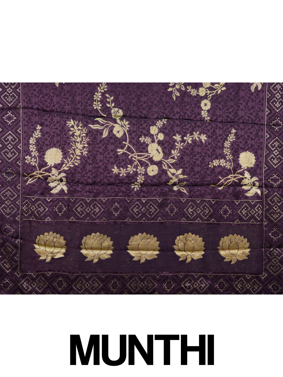 Purple and gold designer art silk saree with floral zari motifs, lotus pallu and contrast printed blouse