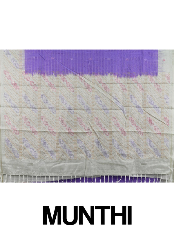 Purple Dola silk saree with contrast cream pallu, bandhani-style butta motifs and zari check border