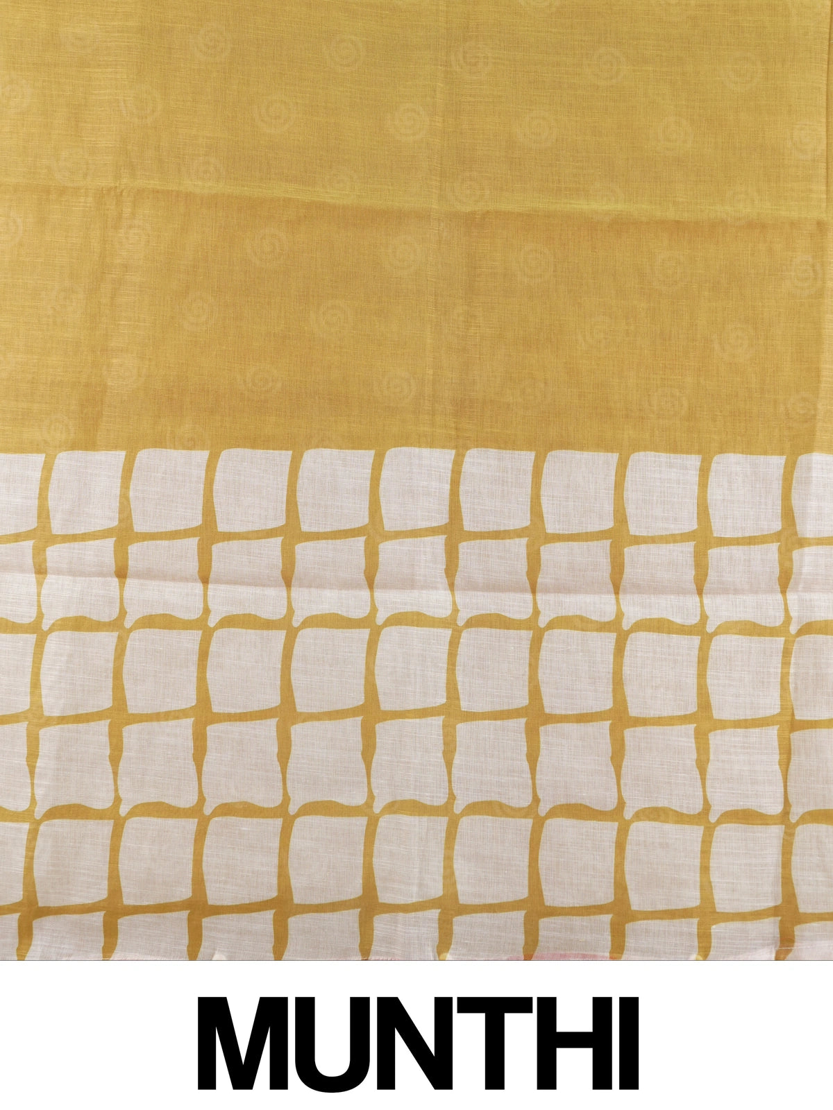Mustard and white batik print linen cotton saree with contrast tile border and spiral motifs