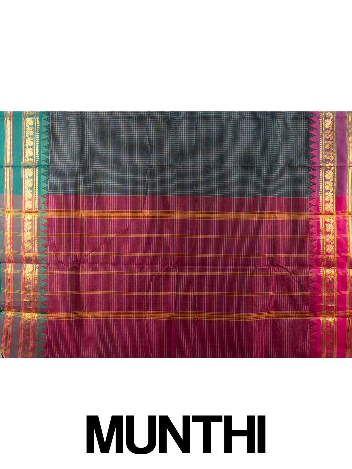 Teal green and magenta Chettinad cotton saree with checked body and contrast gold zari border