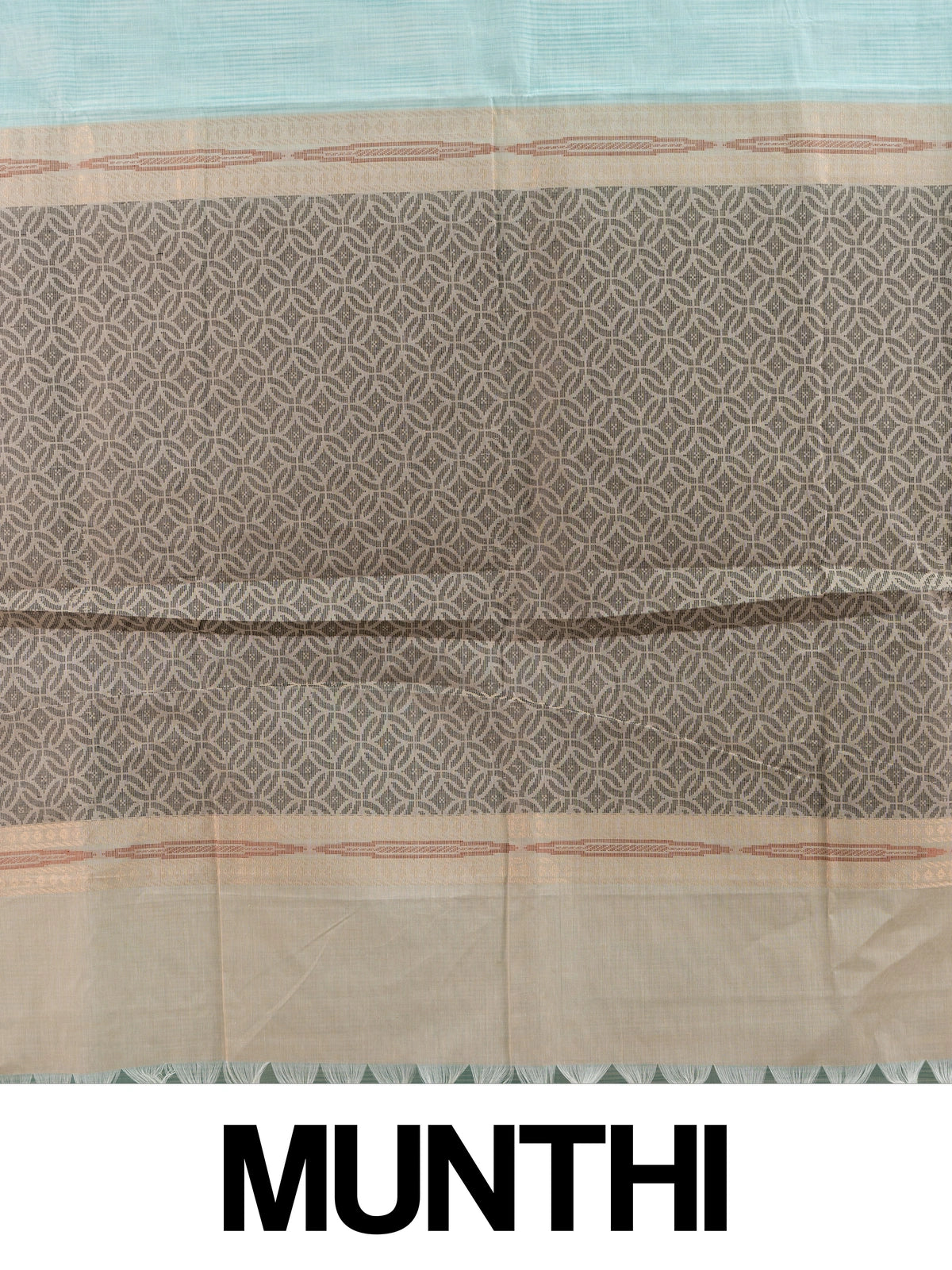 Aqua blue and grey silk cotton saree with circular motifs and copper zari border