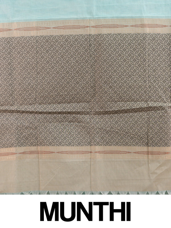 Aqua blue and grey silk cotton saree with circular motifs and copper zari border