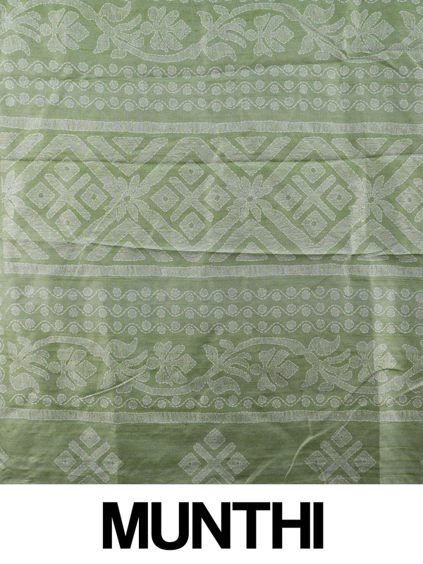 Sage green and white floral Dola silk saree with woven motifs and zari border