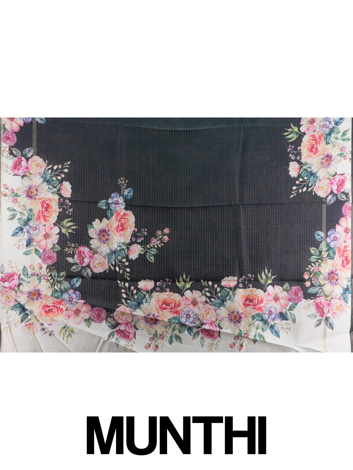Black semi tussar saree with multicolour floral printed border and pallu on a cream ground