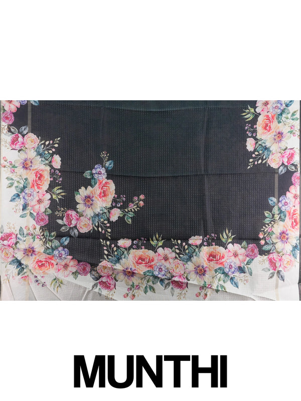 Black semi tussar saree with multicolour floral printed border and pallu on a cream ground