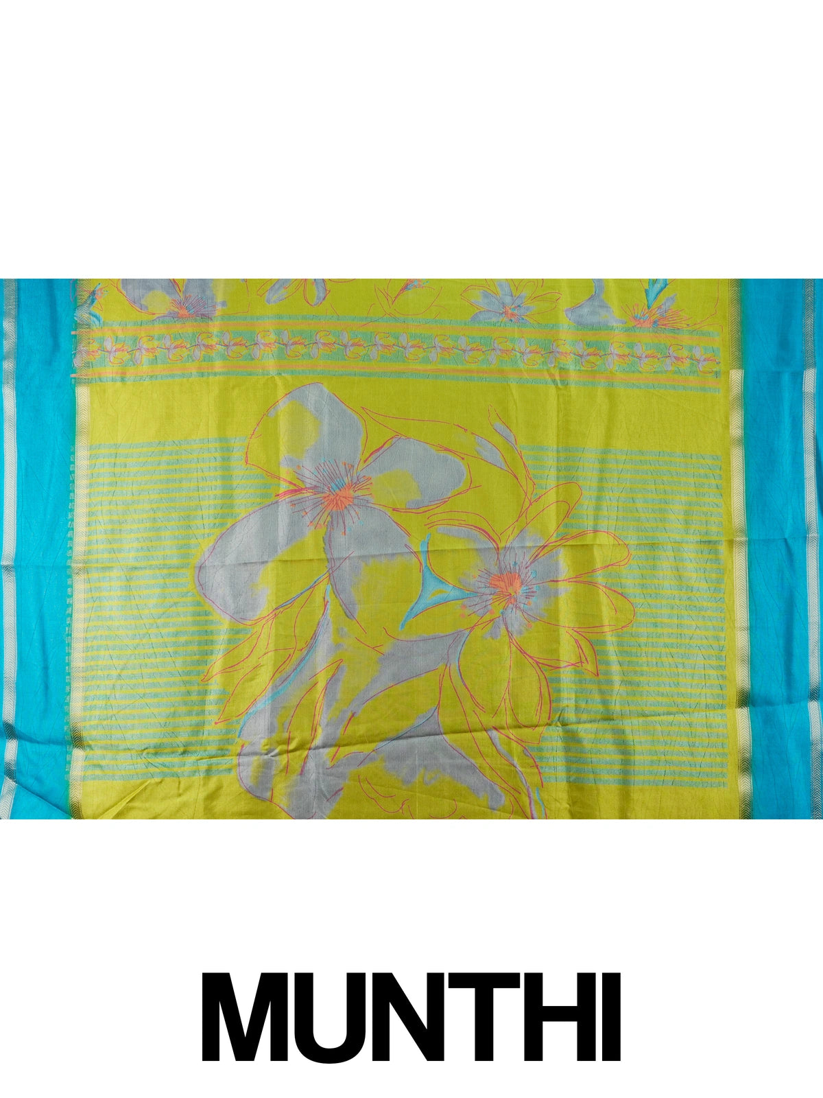 Lime green Dola silk saree with turquoise blue contrast border, silver zari and floral print
