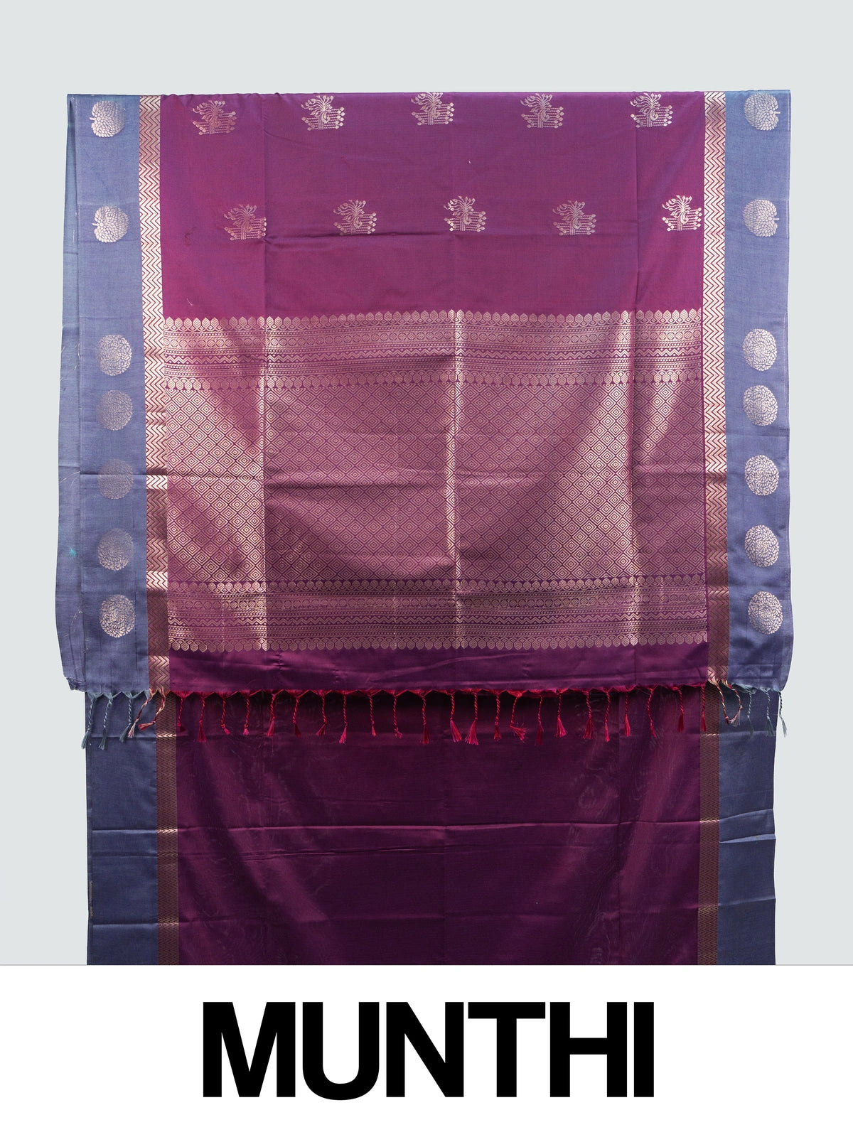 Purple Kanchipuram fancy silk saree with grey-blue contrast border and gold zari buttas