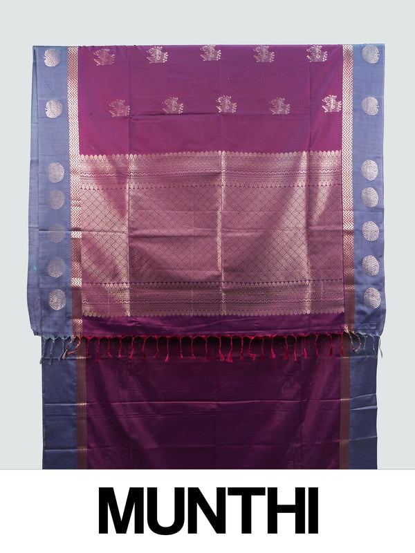 Purple Kanchipuram fancy silk saree with grey-blue contrast border and gold zari buttas
