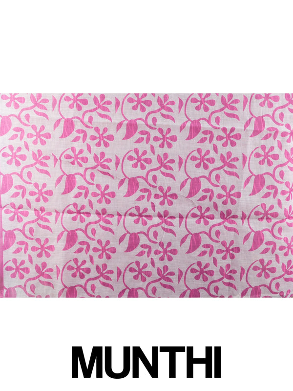 Pink and white linen cotton saree with floral print pallu and gold zari border