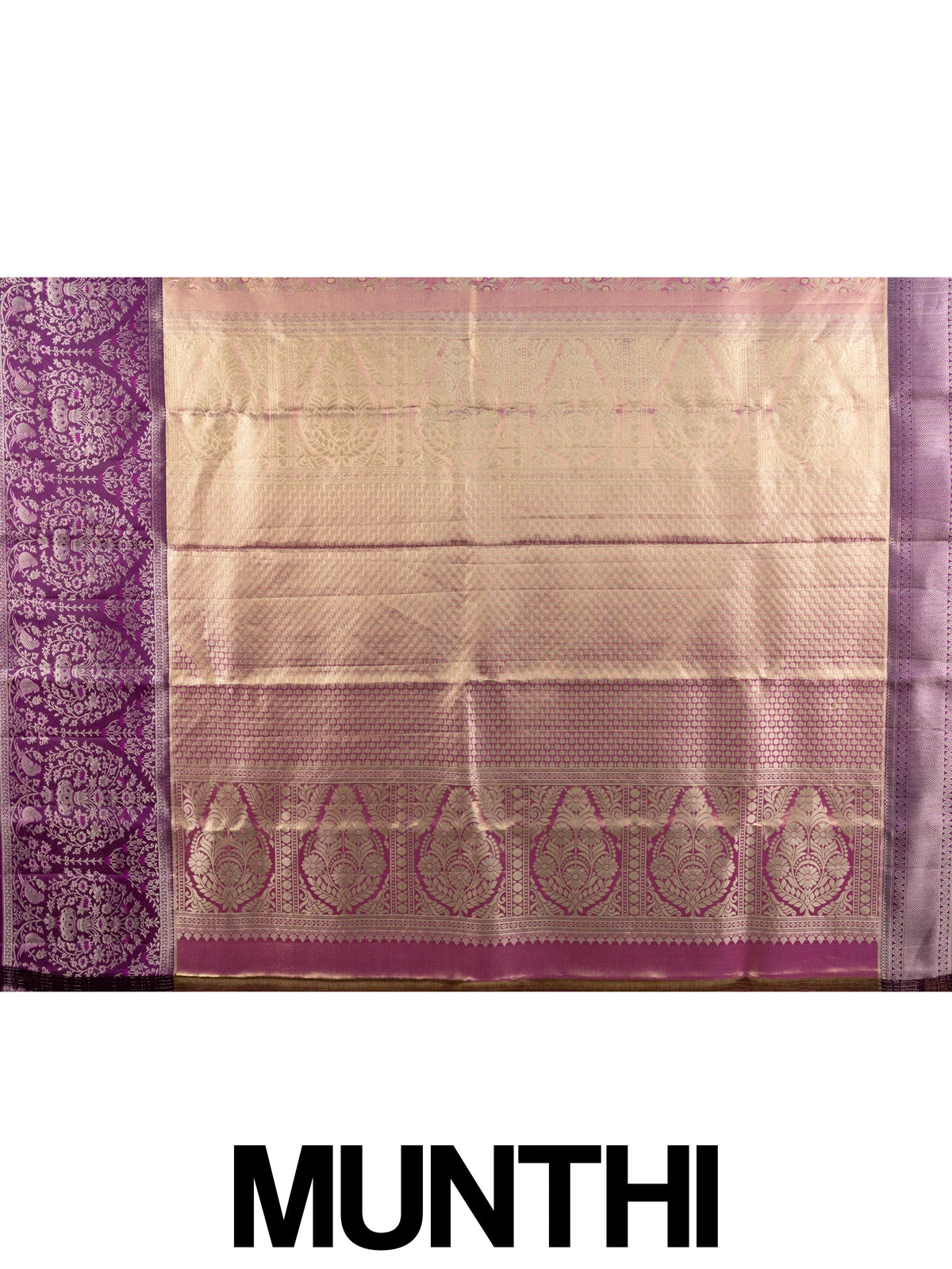 Rose gold and purple pure Kanchipuram silk saree with gold zari floral jaal body and contrast purple peacock border
