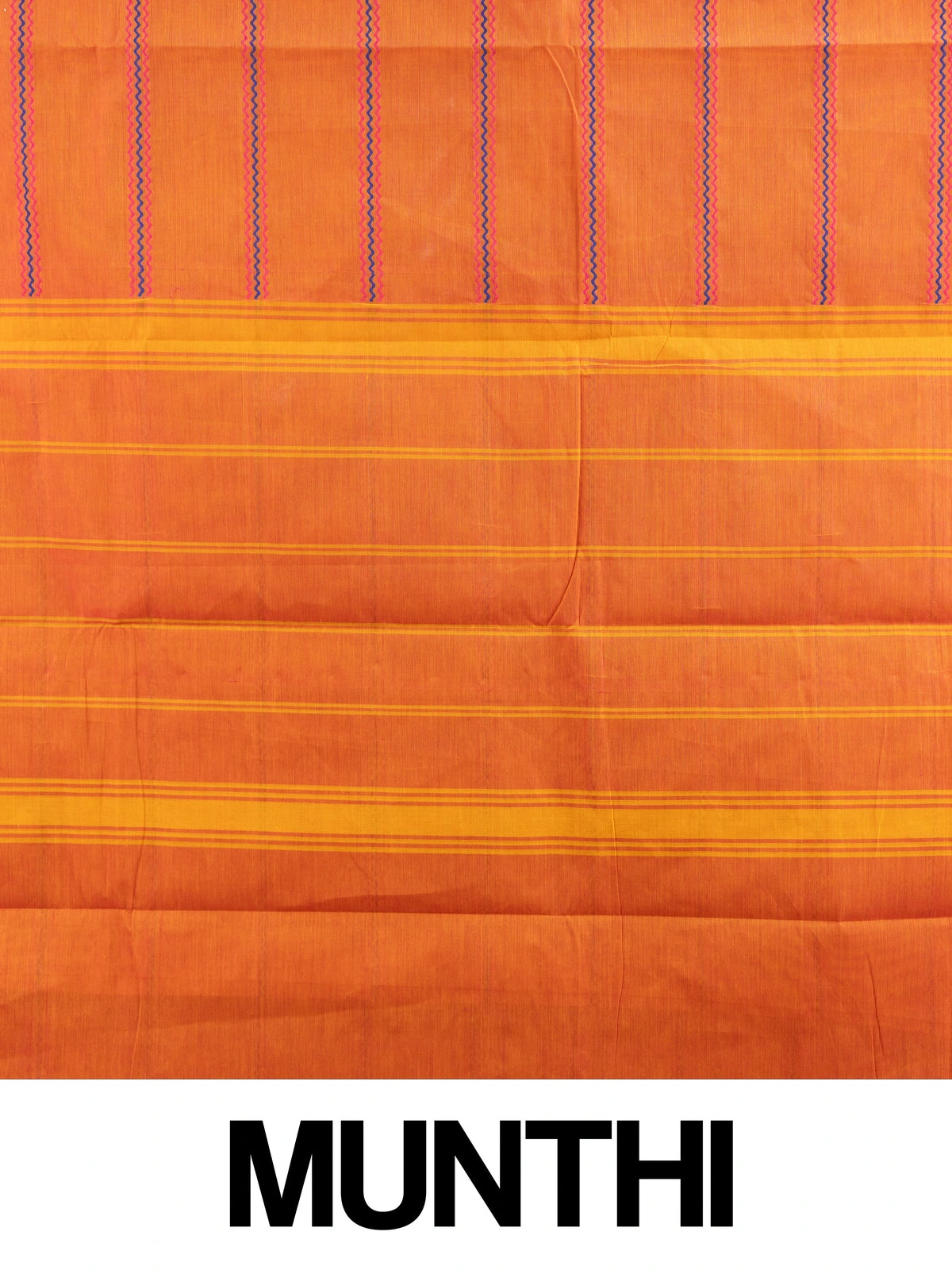 Rust orange Chettinad cotton saree with magenta gold zari border and pink-blue zigzag stripes