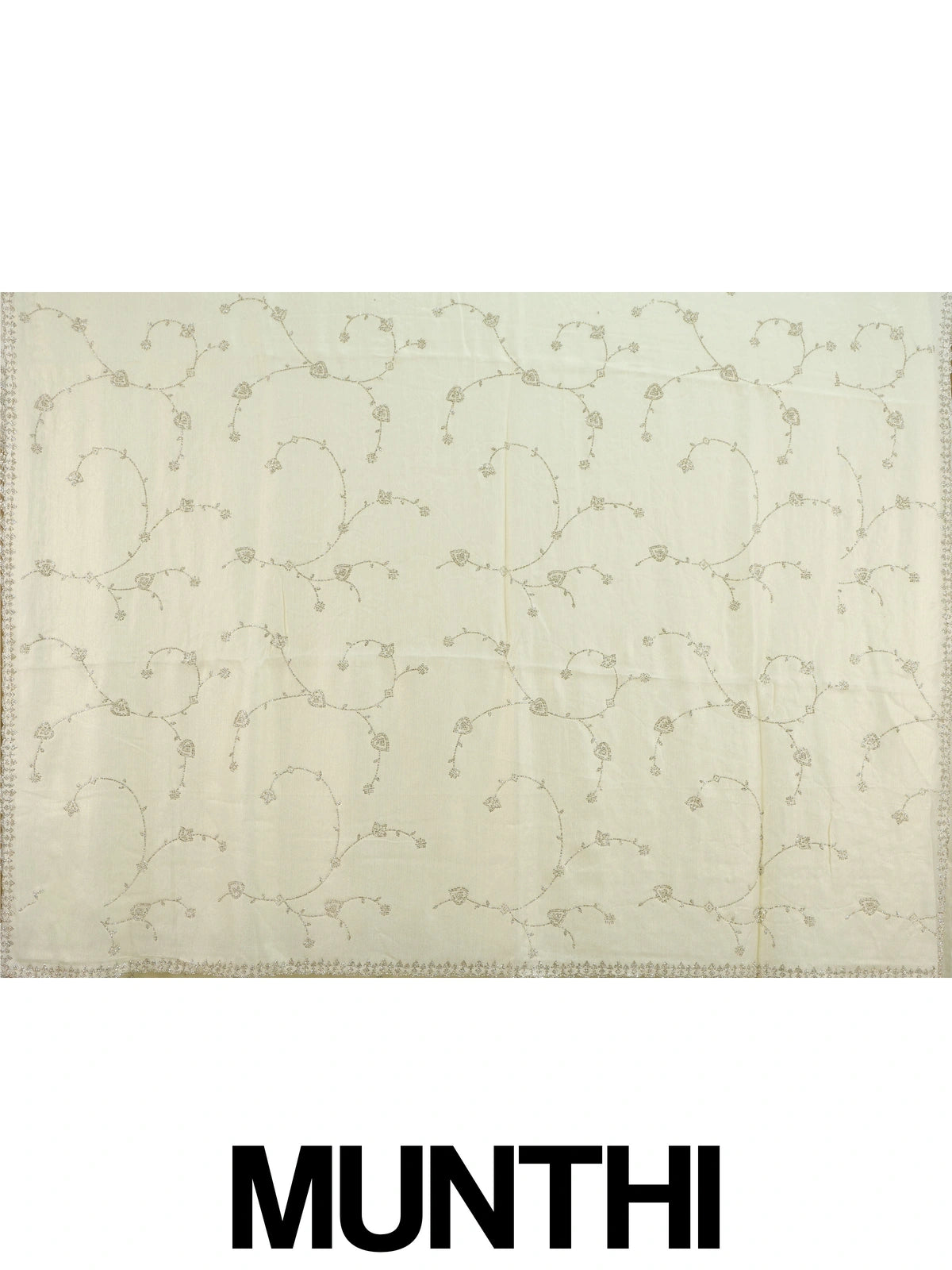 Cream designer saree with silver sequin floral embroidery and scalloped border