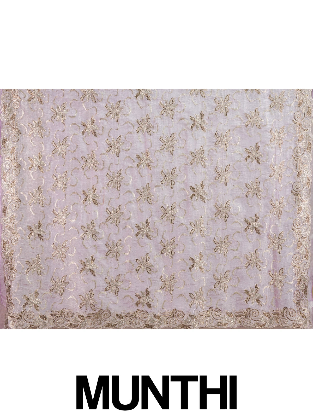 Lavender organza designer saree with gold floral zari and sequin embroidery and scrolled border