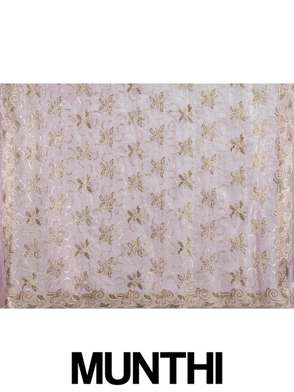 Lavender organza designer saree with gold floral zari and sequin embroidery and scrolled border